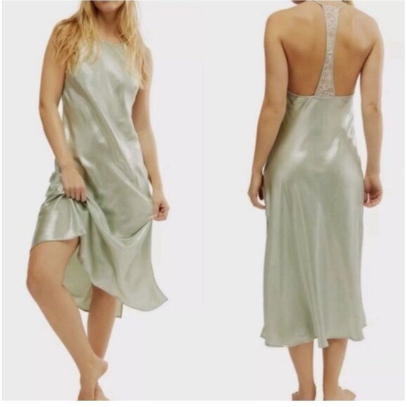 Free People Size M NWT Sunset Shimer Satin Midi Slipdress Green $108 Fairycore - Picture 1 of 11